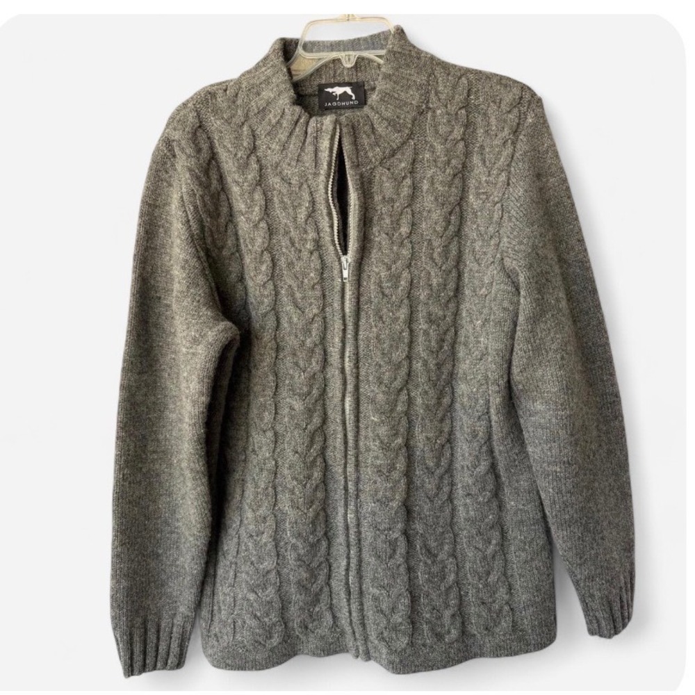 Jagdhund Absam Grau Full Zip Cable Knit Virgin Wool Sweater Grey Womens 16